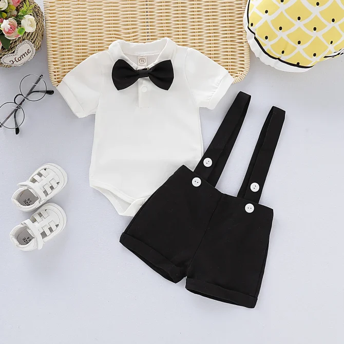 Mini Gentleman Formal Costumes Short Sleeve Shirt With Bow + Romper 2 Pcs Set - Image 2