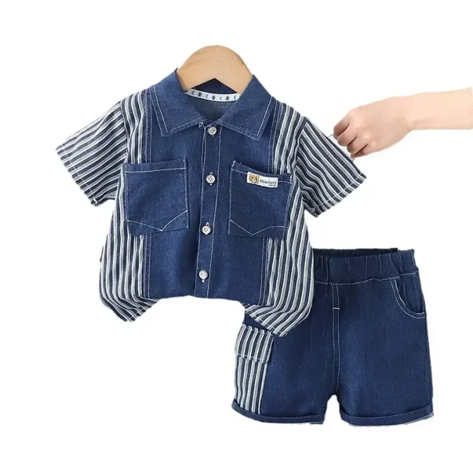 Denim Suit for Boys in Summer with Vertical Stripes Pockets Bear Head Short Sleeve Suits - Image 2