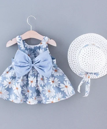 Summer New Girls Floral Print Little Fresh Everyday Sweet Princess Dress with Bow