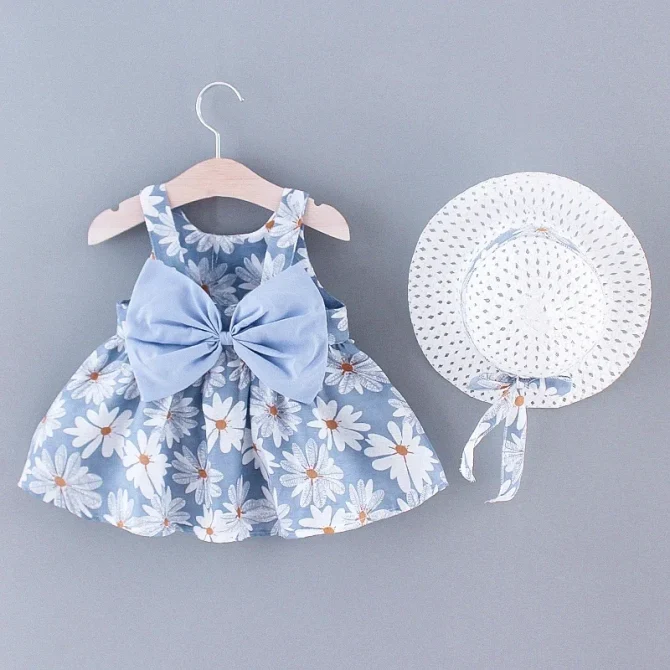 Summer New Girls Floral Print Little Fresh Everyday Sweet Princess Dress with Bow