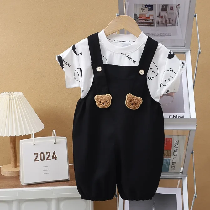 2PCS Bear Print Short Sleeve +Strap Shorts Sets