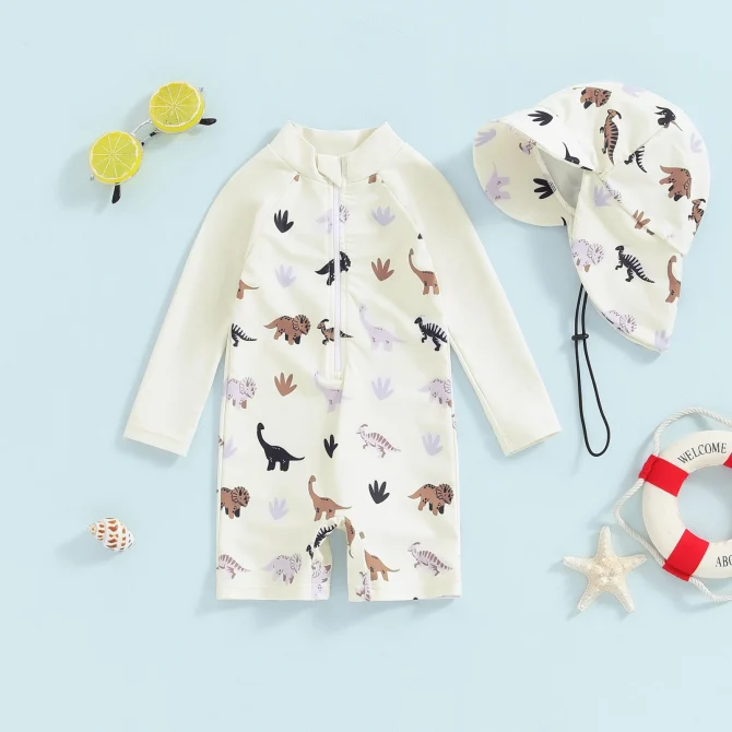 Toddler Baby Boy Whale Print Long Sleeve Rash Guard Swimsuit and Sun Hat - Image 3