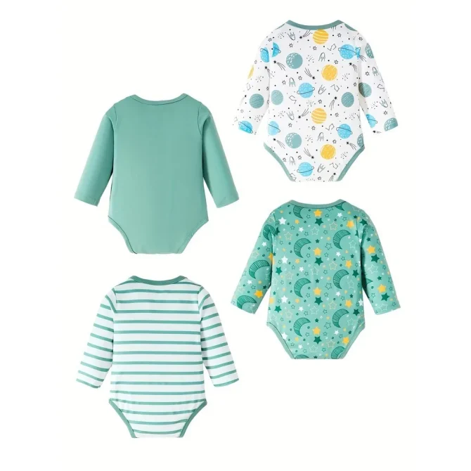 4 sets of Newborn Baby Long Sleeved Romper+Pants+Hat+Glove Cartoon 4 Set Soft Pajamas - Image 3