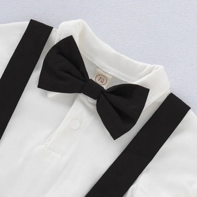Mini Gentleman Formal Costumes Short Sleeve Shirt With Bow + Romper 2 Pcs Set - Image 3