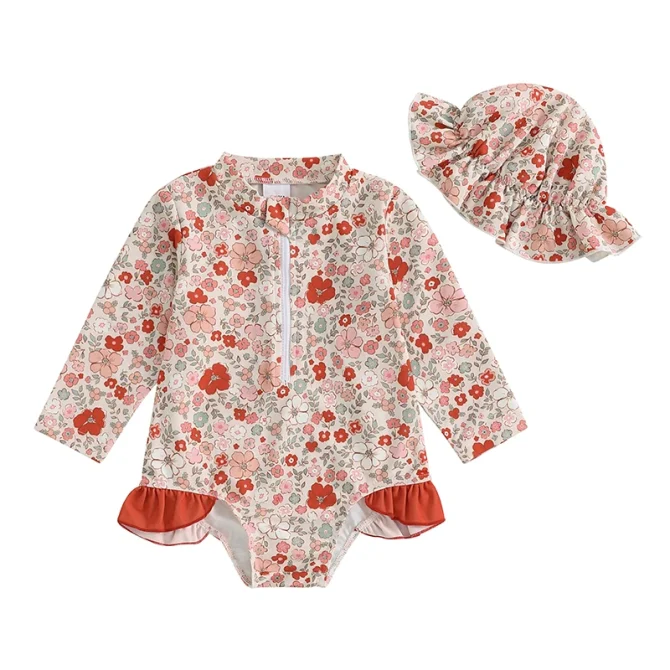 Kids Baby Girl Floral Print Backless Ruffles Long Sleeve Bodysuit Bathing Suits - Image 5