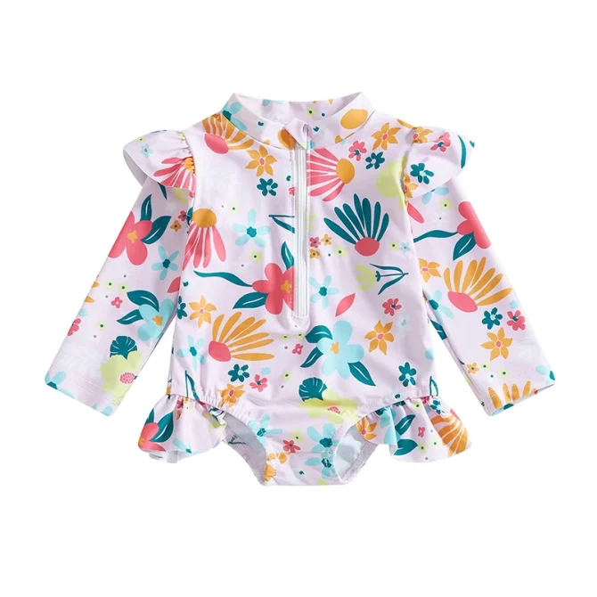 Kids Baby Girl Floral Print Backless Ruffles Long Sleeve Bodysuit Bathing Suits - Image 9