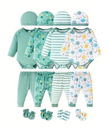 4 sets of Newborn Baby Long Sleeved Romper+Pants+Hat+Glove Cartoon 4 Set Soft Pajamas