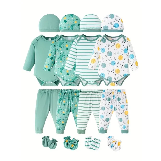 4 sets of Newborn Baby Long Sleeved Romper+Pants+Hat+Glove Cartoon 4 Set Soft Pajamas