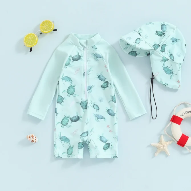 Toddler Baby Boy Whale Print Long Sleeve Rash Guard Swimsuit and Sun Hat - Image 4