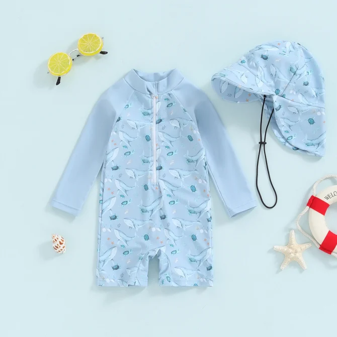 Toddler Baby Boy Whale Print Long Sleeve Rash Guard Swimsuit and Sun Hat - Image 5