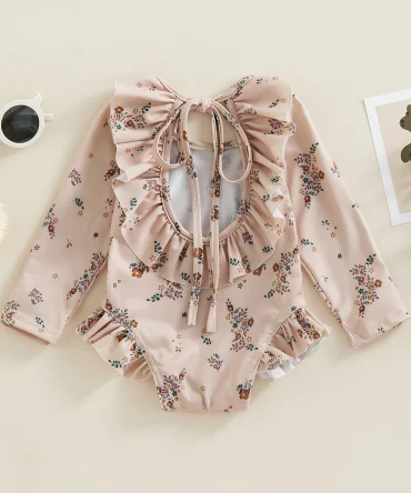 Kids Baby Girl Floral Print Backless Ruffles Long Sleeve Bodysuit Bathing Suits