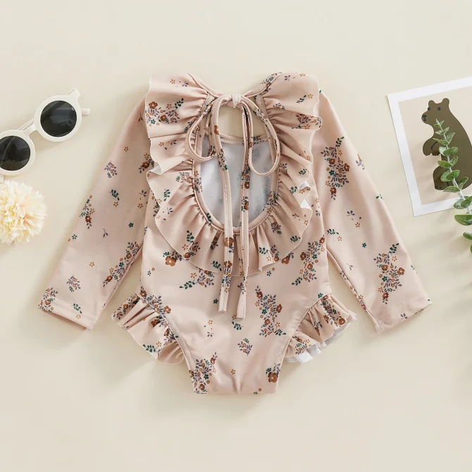 Kids Baby Girl Floral Print Backless Ruffles Long Sleeve Bodysuit Bathing Suits