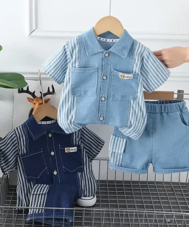 Denim Suit for Boys in Summer with Vertical Stripes Pockets Bear Head Short Sleeve Suits