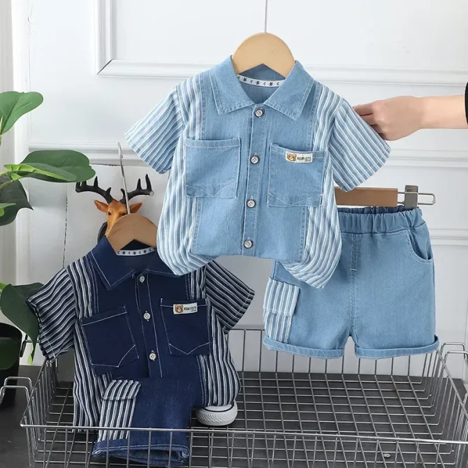 Denim Suit for Boys in Summer with Vertical Stripes Pockets Bear Head Short Sleeve Suits