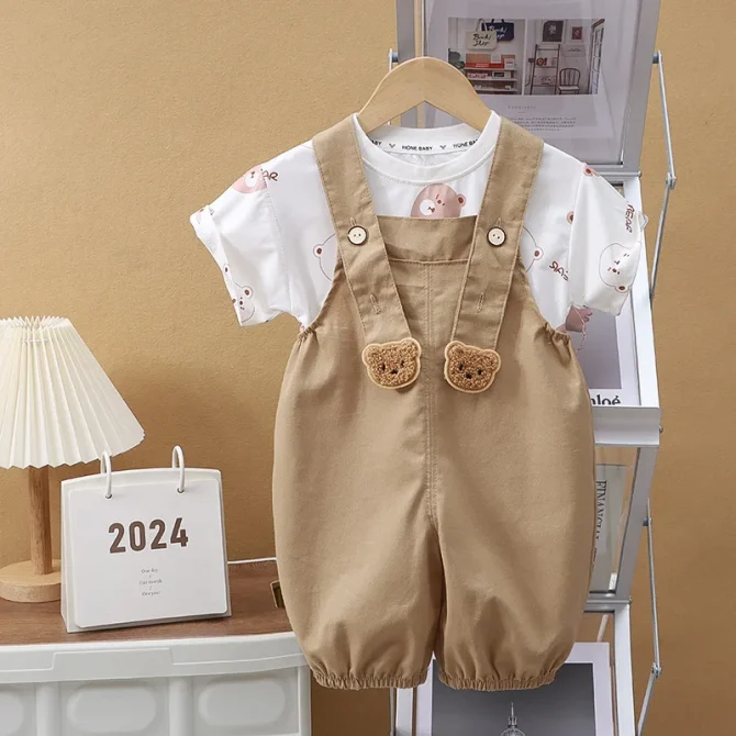 2PCS Bear Print Short Sleeve +Strap Shorts Sets - Image 3