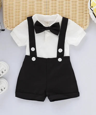 Mini Gentleman Formal Costumes Short Sleeve Shirt With Bow + Romper 2 Pcs Set