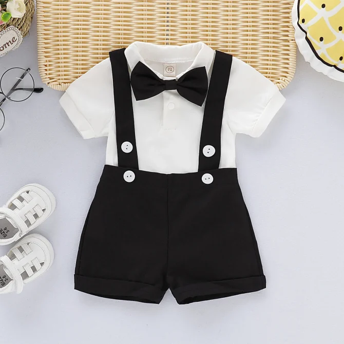 Mini Gentleman Formal Costumes Short Sleeve Shirt With Bow + Romper 2 Pcs Set