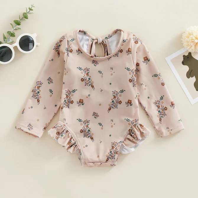 Kids Baby Girl Floral Print Backless Ruffles Long Sleeve Bodysuit Bathing Suits - Image 2