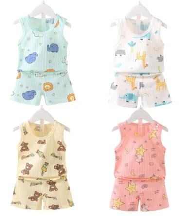 Summer Kids Baby Vest+Shorts 2-Piece Sleepwear Set For 0-4 Years
