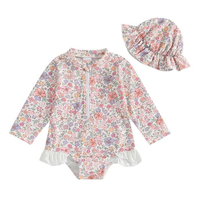 Kids Baby Girl Floral Print Backless Ruffles Long Sleeve Bodysuit Bathing Suits - Image 4