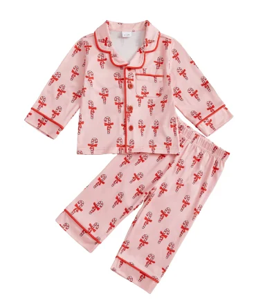 Toddler Baby Girl Christmas Pajama Set Bow Cane Print Button Down Lapel V Neck Long Sleeve Tops and Pants