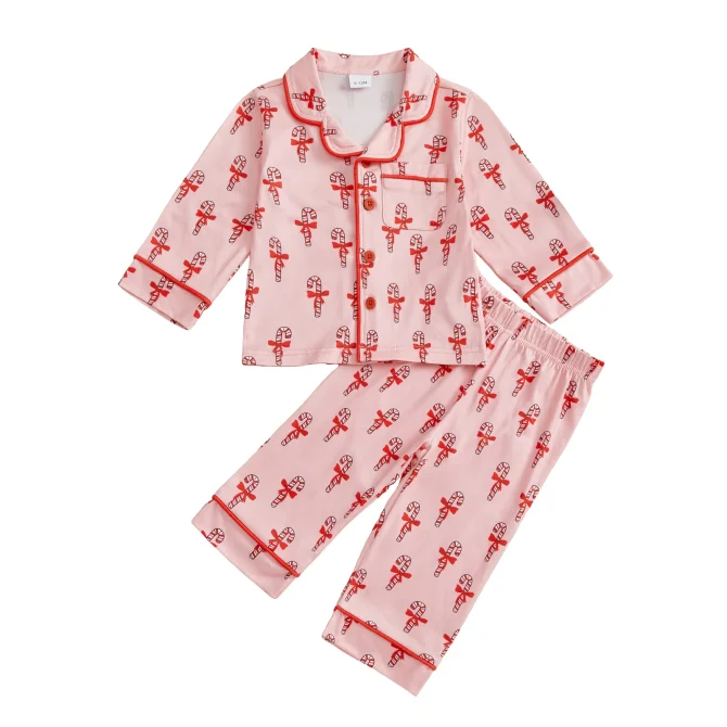 Toddler Baby Girl Christmas Pajama Set Bow Cane Print Button Down Lapel V Neck Long Sleeve Tops and Pants