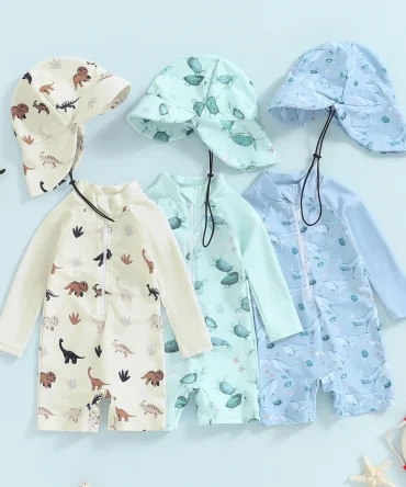 Toddler Baby Boy Whale Print Long Sleeve Rash Guard Swimsuit and Sun Hat