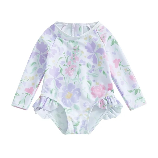 Kids Baby Girl Floral Print Backless Ruffles Long Sleeve Bodysuit Bathing Suits - Image 8