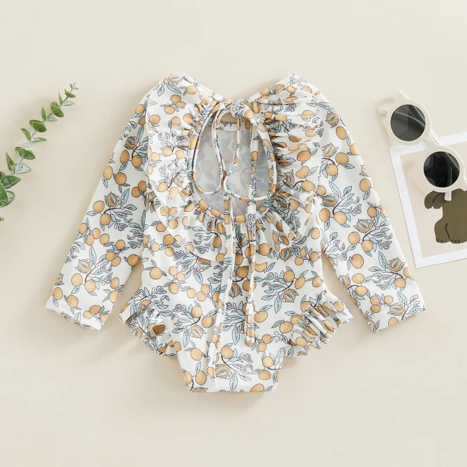 Kids Baby Girl Floral Print Backless Ruffles Long Sleeve Bodysuit Bathing Suits - Image 3