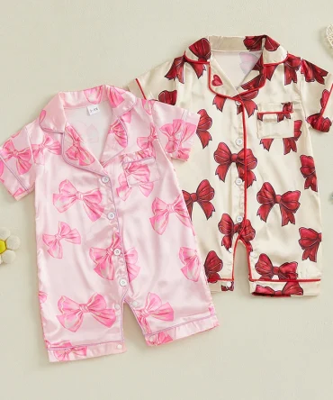 Infant Baby Girl Bow Satin Short Sleeve Button-up Shorts Jumpsuit Sleepwear 0-24M