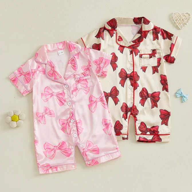 Infant Baby Girl Bow Satin Short Sleeve Button-up Shorts Jumpsuit Sleepwear 0-24M