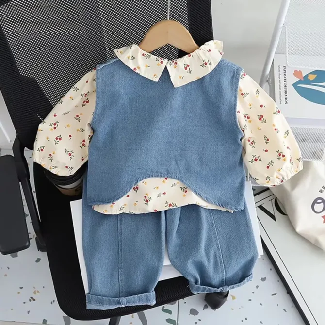 Girl's Suit Spring Autumn Baby Outfit Set Bow Denim Vest T-shirt Jeans - Image 2
