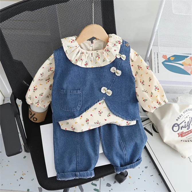 Girl's Suit Spring Autumn Baby Outfit Set Bow Denim Vest T-shirt Jeans - Image 3