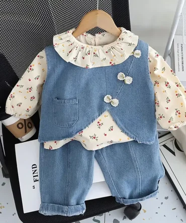 Girl's Suit Spring Autumn Baby Outfit Set Bow Denim Vest T-shirt Jeans
