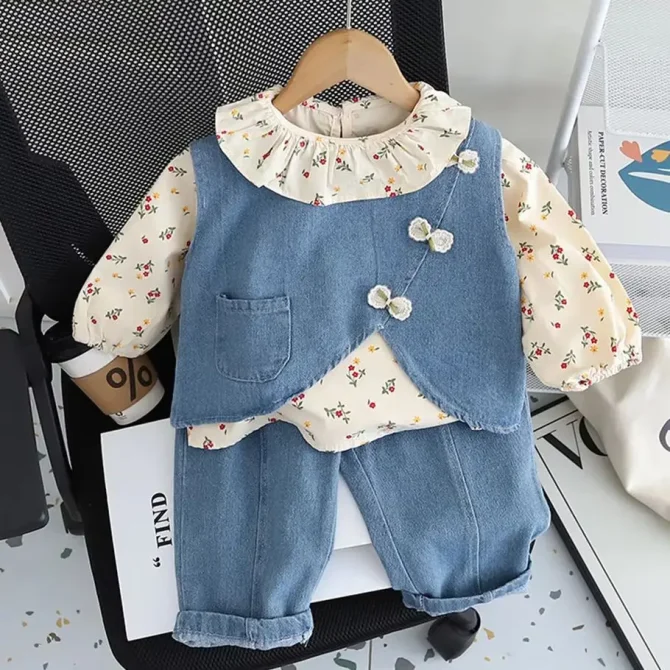 Girl's Suit Spring Autumn Baby Outfit Set Bow Denim Vest T-shirt Jeans